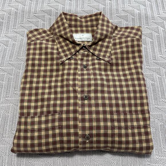 Ermenegildo Zegna brown fall plaid button down size L - Picture 1 of 10